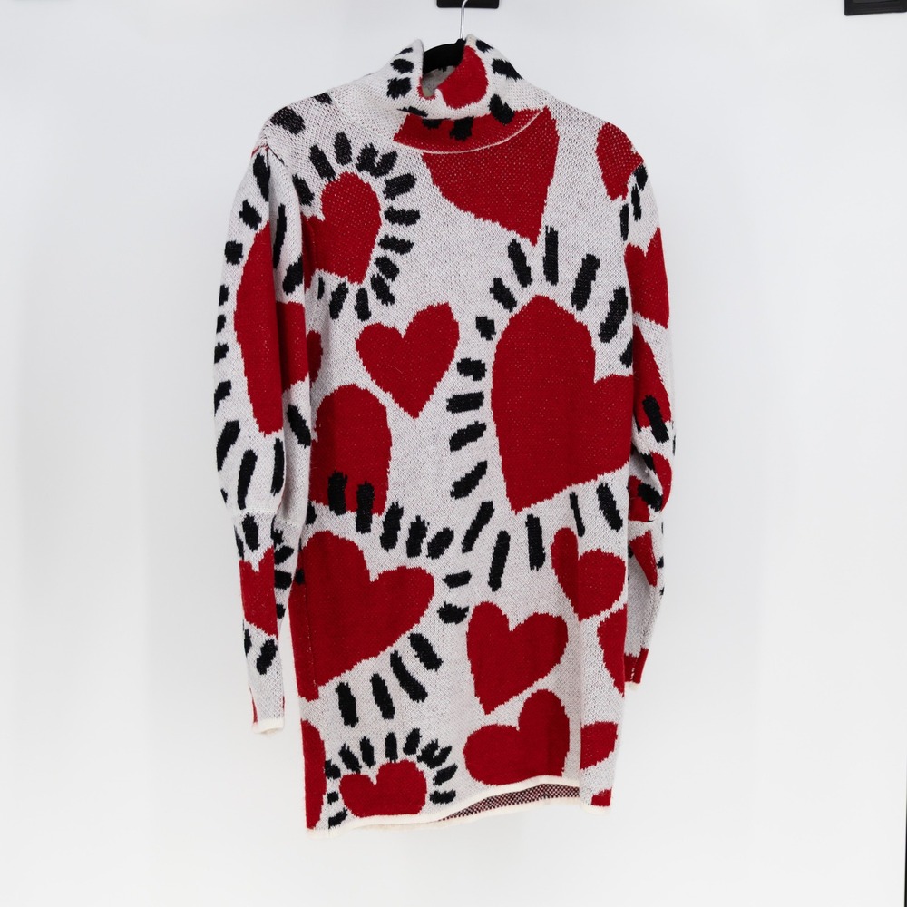 NEW Farm Rio White Hearts Print Pattern Knit Stretch Sweater Dress XS